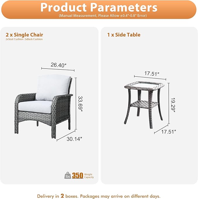 3 PCS Outdoor Patio Furniture Set with Side Table, All-Weather Rattan Wicker Outdoor Conversation Set with Thickened Cushions for Balcony Backyard Garden Lawn,Grey