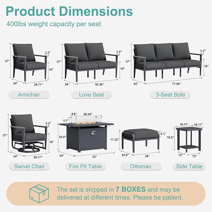 11-Seat Outdoor Patio Furniture Set with Rocking Swivel Chair, Aluminum Sectional Sofa with Ottomans Patio Conversation Set with 55,000 BTU Fire Pit Table & High Backrest, Dark Grey