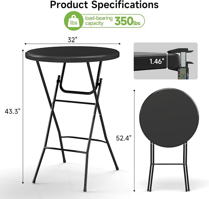 Real Relax 32 in Plastic Folding Round Table Bar Height, HDPE Matrial and 350LB Weight Capacity,High Top Table for Outdoor Party, Cafes,Backyard,Dining Room,Wedding Event,1 Pack, Black