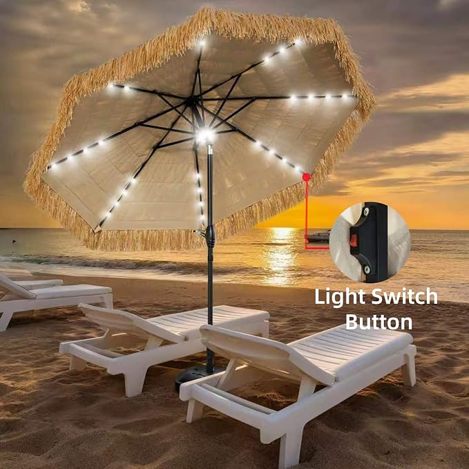 9 ft Tiki Umbrella with 32 LED Lights, Outdoor Patio Umbrella with Solar Lights, Tropical Vibes Thatched Umbrellas with 8 Ribs, Tilt Adjustment, Manual Crank, UPF 50+ for Pool, Beach, Backyard,Garden