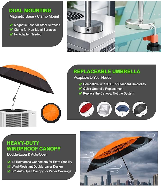 Magnetic Umbrella with Base Kit, Folding HVAC Umbrella with Magnetic Base & Clamp, Stay Cool and Dry for Rooftop & Construction