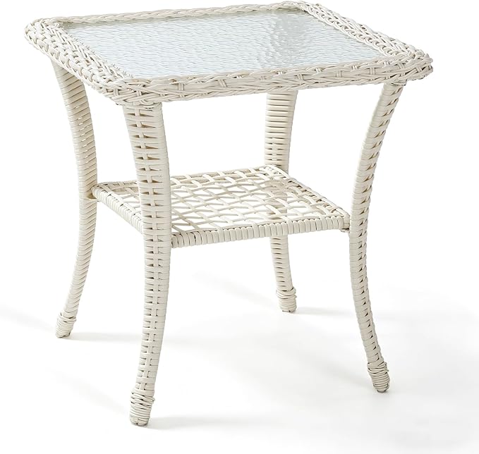 VIVIJASON Outdoor Wicker Side Table, All-Weather Rattan Patio Side Table Bistro Table with 2-Tier Storage, Tempered Glass Top Square End Table for Indoor, Balcony, Garden, Porch, Deck, Cream White