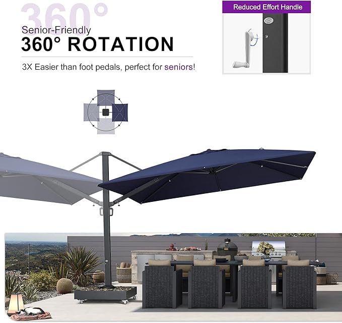 PURPLE LEAF 12' X 9' Space Saving Rectangle Patio Umbrella with Base Included Large Patio Aluminum Offset Umbrella with 360-degree Rotation Cantilever Umbrella for Backyard Pool Garden Deck Navy Blue