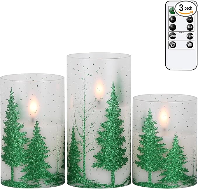 Wondise Glass Flickering Flameless Candles with Remote and Timer, Battery Operated 3D Wick LED Candles Christmas Tree for Christmas Holiday Home Decoration, Set of 3(D3 x H4,5,6 Inch)