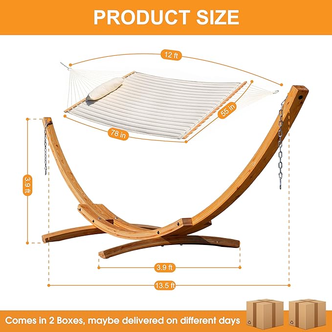 Lazy Daze Hammocks 12 FT Double Quilted Fabric Hammock and 13 FT Natural Wood Arc Stand, with Spreader Bar, Removable Pillow, 2 Person Hammock for Poolside Outdoor Patio, 450 lbs Capacity, Natural