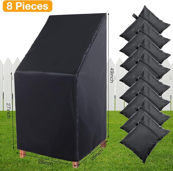 Tudomro 8 Pcs Stacking Outdoor Chair Covers Waterproof Black 210D Outdoor Patio Furniture Covers High Back Patio Chair Protection with Adjustable Hem Cord Weather Protection, 26 W x 26 D x 49 H Inch