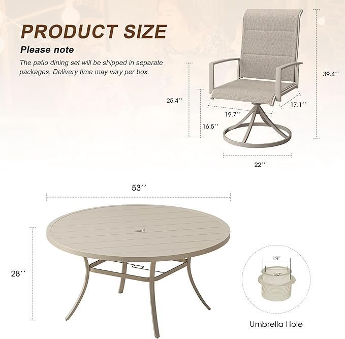VICLLAX 9 Pieces Outdoor Dining Set, Patio Furniture Set Includes 53" Round Metal Table W/ 1.9" Umbrella Hole and 8 Padded Textilene Swivel Chairs for Porch, Lawn, Garden, Backyard