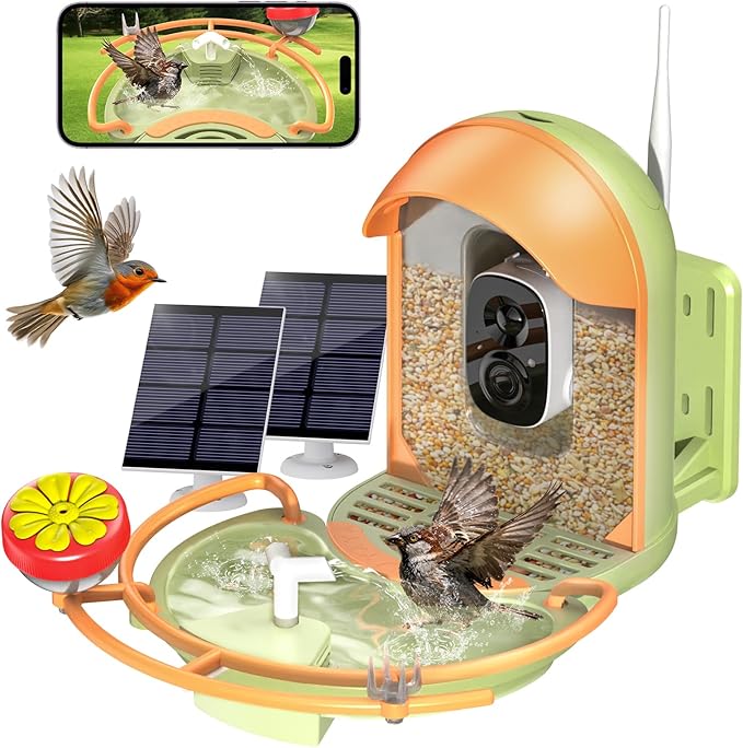 Bird Feeder with Camera, 2K HD Birds Camera with Solar Water Fountain, Smart BirdCamera with APP Control, Night Vision, Motion Detection Alerts, IP66 Birdfeeder for Backyard Garden