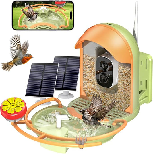 Bird Feeder with Camera, 2K HD Birds Camera with Solar Water Fountain, Smart BirdCamera with APP Control, Night Vision, Motion Detection Alerts, IP66 Birdfeeder for Backyard Garden