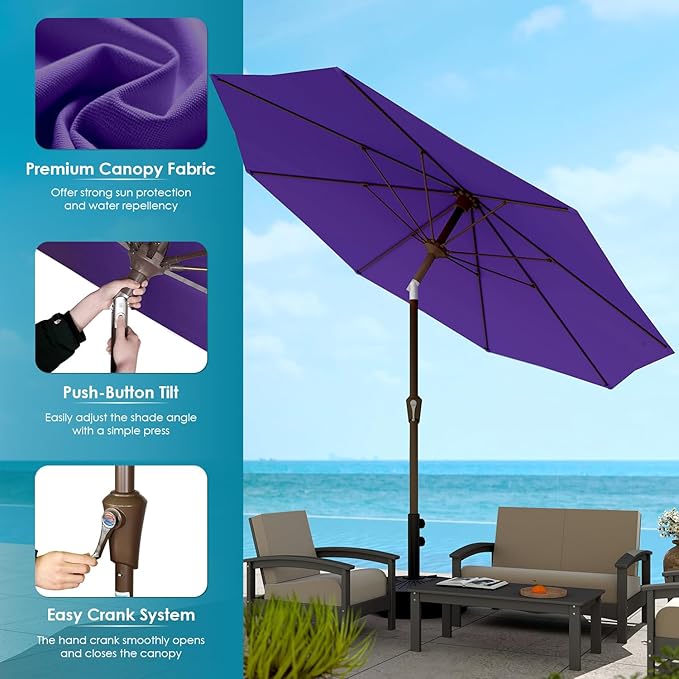GREENVINES 9-FT-Patio-Umbrella | Outdoor-Table-Umbrellas | 8 Sturdy Fiberglass Ribs | Push Button Tilt & Crank | Waterproof | Market Umbrella | for Pool Backyard Garden Deck | Purple