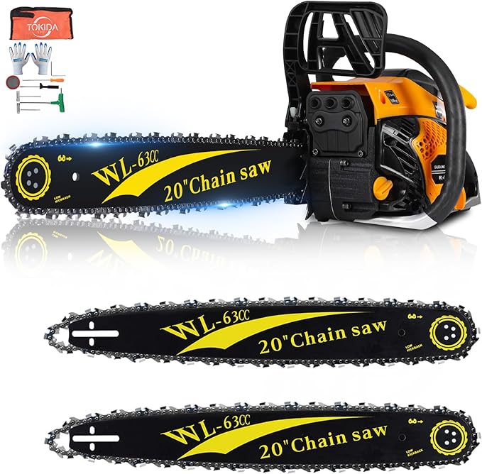 63CC Gas Powered Chainsaw 20 Inch, 2-Cycle Engine with 2 Chains & Bars, Heavy Duty Gas Chain Saw for Tree Felling, Logging, and Firewood Cutting (63CC – Yello)