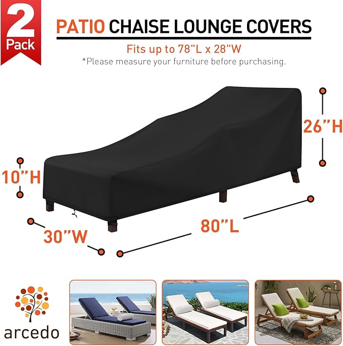 Arcedo Patio Chaise Lounge Cover Waterproof, 2 Pack of Pool Lounge Chair Covers for Outside Stackable Cushions and Outdoor Furniture, 80" x 30" x 26" H, Black