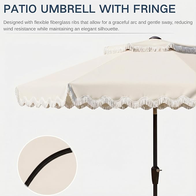 9FT Patio Umbrella with Fringe,Tassel Umbrella with Push-Button Tilt | UPF 50+ & Rust-Resistant Fiberglass Frame for Patio, Pool,Garden,YardCreamy-white