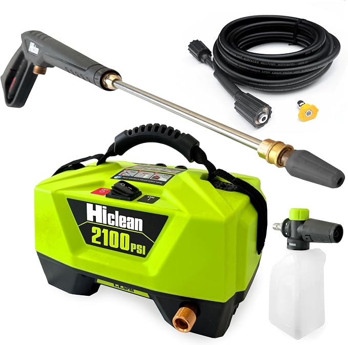 Hiclean Electric Pressure Washer 2100 PSI - Portable Power Washer for Car Detailing, Patios, Fences and Outdoor Cleaning, Compact Design with Foam Cannon, Turbo and Fan Nozzles, ETL Certified