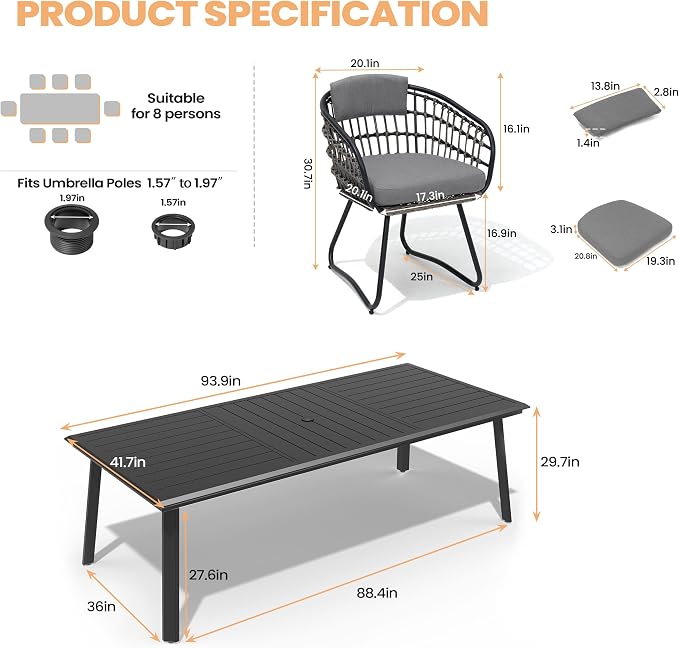 Pellebant 9-piece Outdoor Dining Set for 6-8 - Weather-Resistant Patio Dining Furniture Set, 94" Aluminum Outdoor Table with Umbrella Hole, Wicker Chairs with Cushion for Deck, Porch, Backyard, Gray