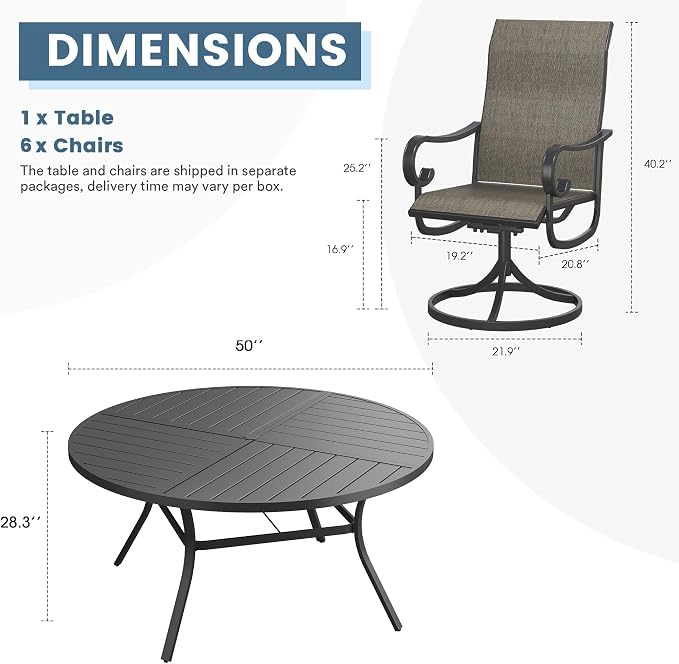 DIFY 7 Piece Outdoor Dining Set for 6, 50" Black Round Metal Dining Table with Umbrella Hole and Swivel Patio Chairs with Brown Textilene Fabric, Patio Table and Chairs Set for Garden Backyard Deck