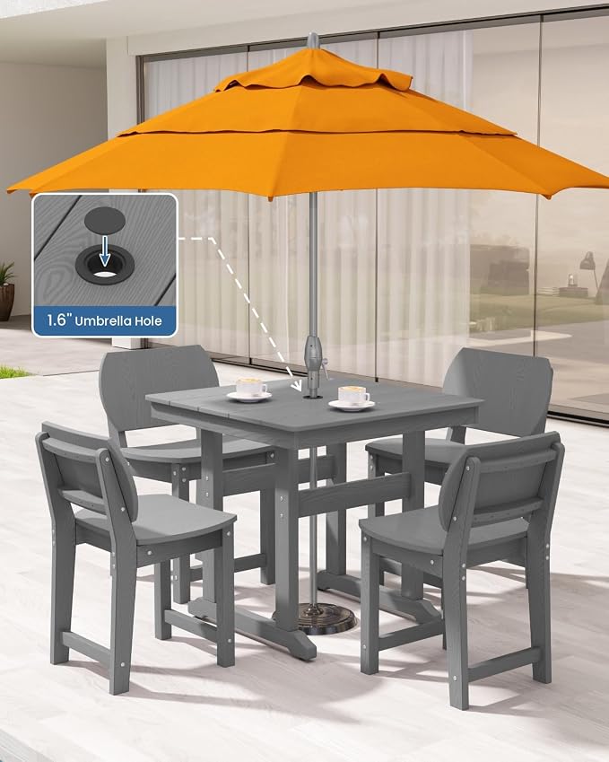 5-Piece HDPE Outdoor Dining Set, Weatherproof Patio Table and Chairs Set for 4, Includes 1 Square Table and 6 Armless Chairs, with Umbrella Hole (Grey)