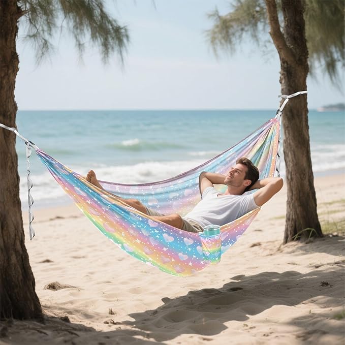 Camping Hammock Outdoor Hammocks for Outside Pastel Rainbow Heart Beach Trees Portable Lightweight with Pockets Tree Straps Indoor