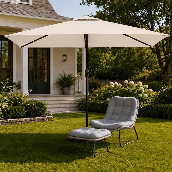 6.5 x 10ft Rectangular Patio Umbrella with Solar Lights, 16 LED Lighted Market Umbrella with Push-Button Tilt and Crank, 6 Sturdy Iron Ribs for Garden, Deck, Pool, Creamy White