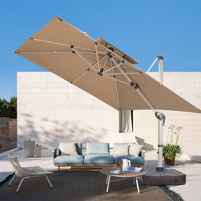 Cantilever Patio Umbrella with Cross Base and Cover Included - 360° Rotation Large Heavy Duty Offset Outdoor Umbrella with Easy Tilt for Pool Backyard Deck Garden (11x11 FT Khaki)