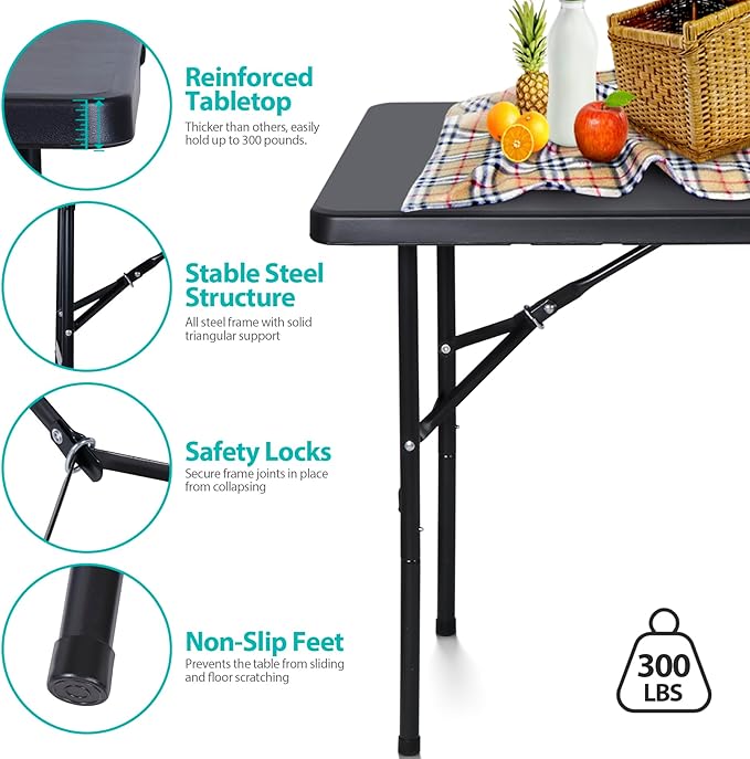 4ft Folding Table, Portable Plastic Picnic Table with Handle Card Table for Picnic Party Camping Dining Indoor Outdoor Lightweight, Black