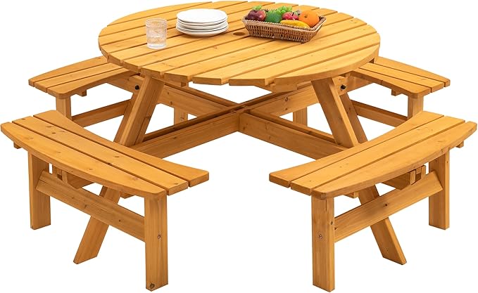 8 Person Outdoor Picnic Table with Wooden Bench, Round Picnic Table Dining Table w/ 4 Built-in Benches ,Umbrella Hole, Outside Table and Bench Set for Garden, Backyard, Porch, Patio, 2220lb Capacity