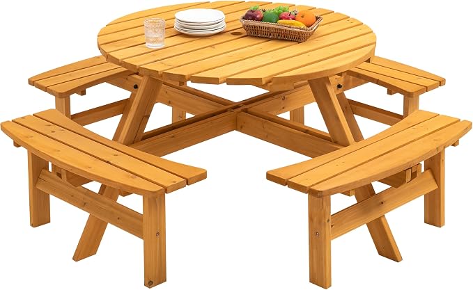 HomVent 8-Person Solid Wood Picnic Table for Patio Backyard Garden Outdoor Circular Picnic Table Set with 4 Built-in Benches & Umbrella Hole, 500lb Capacity - Natural