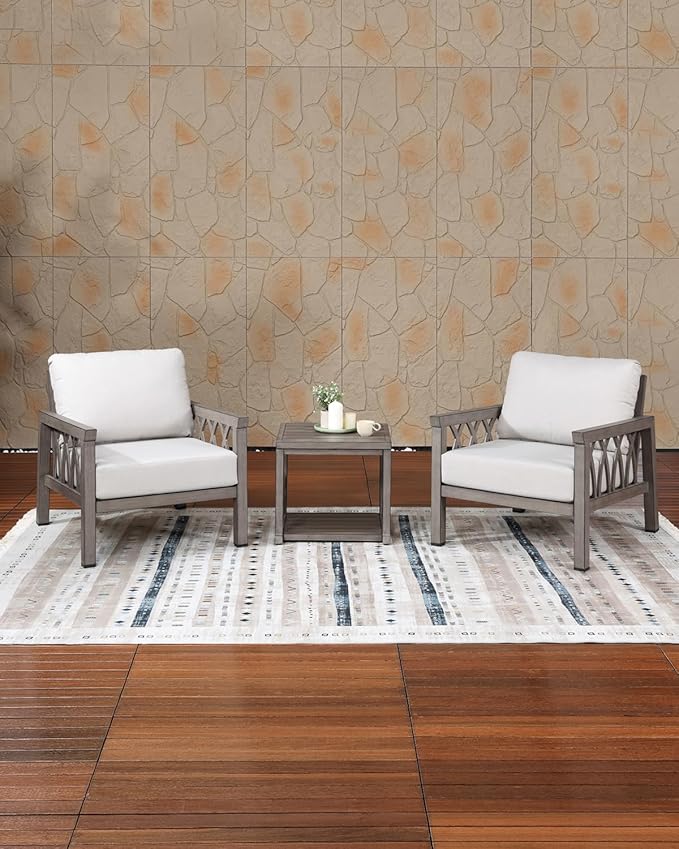3-Piece Aluminum Patio Furniture Set, Deep Seating 2 Armchairs and Side Table, All Weather Patio Bistro Set with Cushions, Patio Conversation Set for Garden, Balcony, Deck, Limed Oak