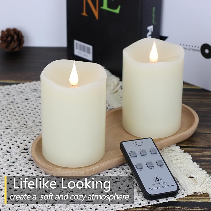 TECHLONG Flameless Candles Battery Operated with Remote Timer, 3D Moving Flame Flickering, Last 600+ Hours Battery Candles, 3" x 4" Ivory Real Wax Electric LED Candle for Wedding Party, Set of 2