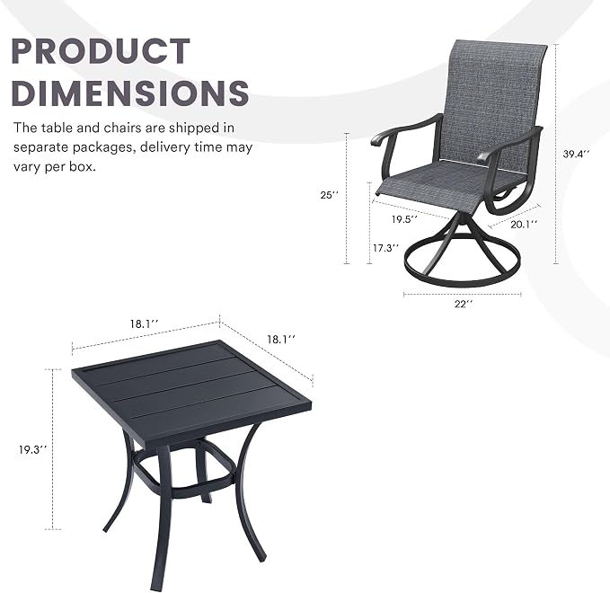 3 Pieces Small Patio Dining Set, 2 Textilene Swivel Chairs and Small Square Outdoor Table, Outdoor Furniture Set for Porch, Lawn, Garden, Black/Black