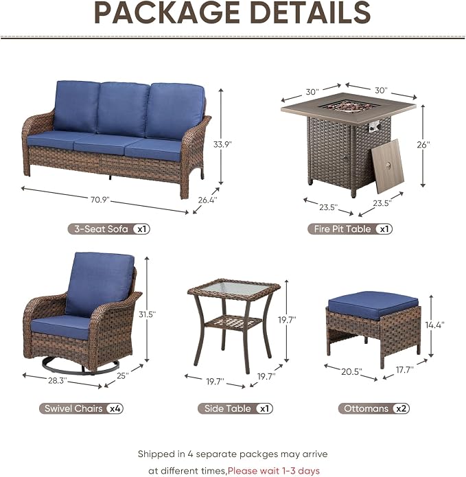 Patio Furniture Set - 9 Pieces All Weather Wicker Outdoor Furniture with 4 Swivel Chairs, 2 Ottomans, 1 Sofa,1 Side Table and Fire Pit Table, Ergonomic Design for Porch, Garden, and Backyard(Blue)