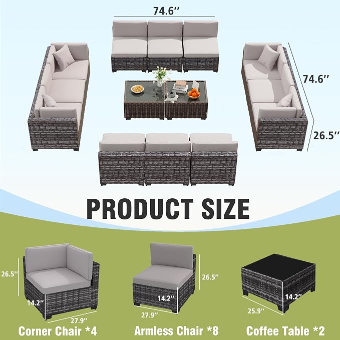 KIGOTY Patio Furniture Set,14 Pieces Modular Outdoor Sectional Sofa, PE Rattan Patio Conversation Set, All Weather Wicker Patio Furniture with Cushions and Coffee Table（Light Grey/Light Grey）