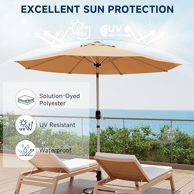 10FT Aluminum Outdoor Patio Umbrella, Fade-Resistant Market Umbrella with Push Button Tilt Function, 8 Sturdy All-Aluminum Ribs for Gardens, Patios, Backyards & Pools