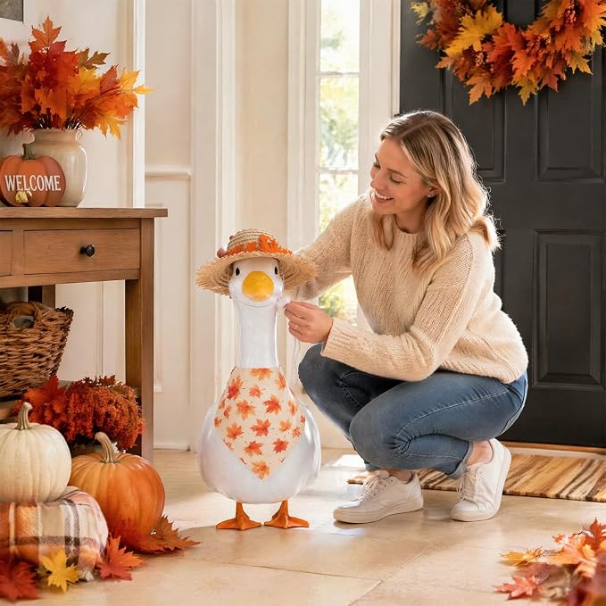 2Pcs Fall Outfit for Porch Goose - Autumn Maple Leaf Bowknot Straw Hat with Bib Accessories for 23'' Cement Statue, Garden Lawn Thanksgiving Halloween Outdoor Decoration