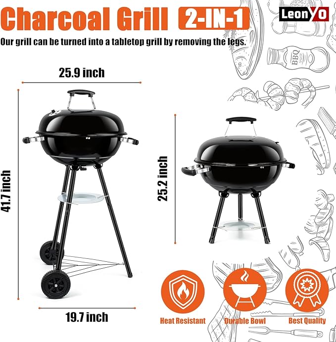 18 Inch Charcoal Grill, Leonyo Portable Barbecue Kettle Grill, Round Smoker with Wheels and Porcelain-Enameled Lid for Outdoor Cooking, Camping, Backyard and Beach, Black