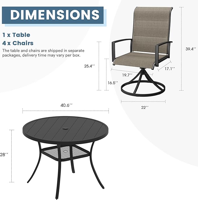DIFY 5 Piece Outdoor Patio Dining Set for 4, 40.6" Black Round Metal Dining Table and Swivel Patio Chairs with Brown Padded Textilene, All-Weather Outdoor Furniture Set for Garden Backyard Porch