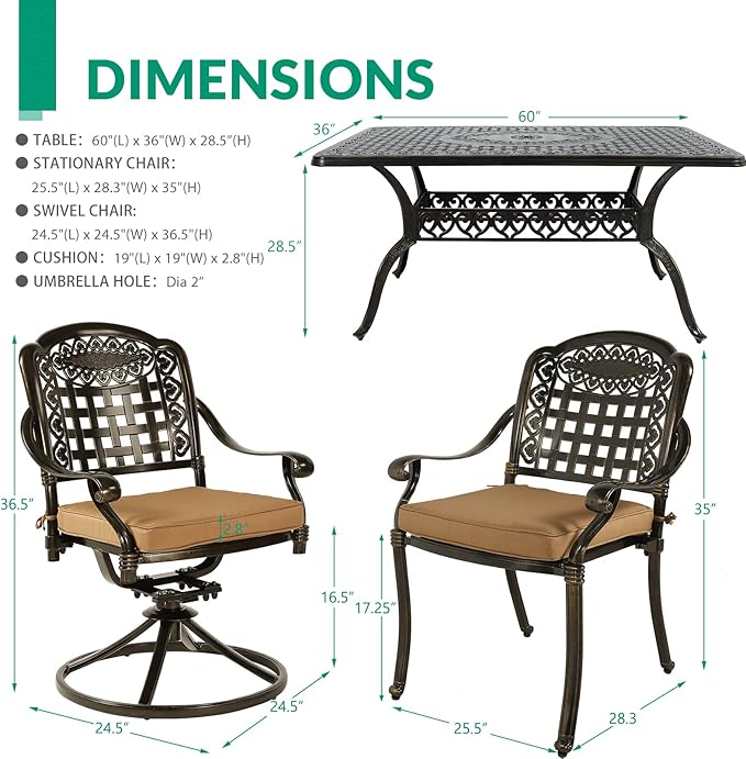 VIVIJASON 7-Piece Patio Furniture Dining Set, All-Weather Cast Aluminum Outdoor Conversation Set, Include 4 Stationary Chairs, 2 Swivel Dining Chairs and a Rectangle Table with 2" Umbrella Hole