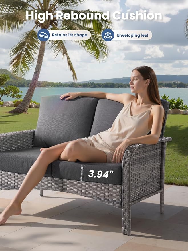5-Piece Outdoor Patio Furniture Set with Swivel Chairs, Outdoor Conversation Wicker Sofa with Coffee Table, Rattan Couch for Deck Yard Poolside, Black