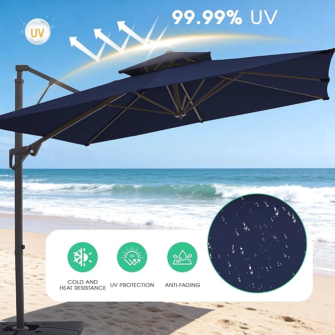 JEAREY 12ft 2-Tier Cantilever Patio Umbrella, Large Square Outdoor Offset Umbrella with Double Top Vent and 360-degree Rotation for Garden, Deck, Pool, Patio, Navy