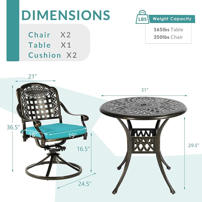 MEETWARM 3-Piece Outdoor Patio Dining Set, All-Weather Cast Aluminum Patio Conversation Set with 2 Cushions Swivel Rocker Chairs and 31" Round Table for Backyard Garden Deck, Umbrella Hole, Ocean Blue