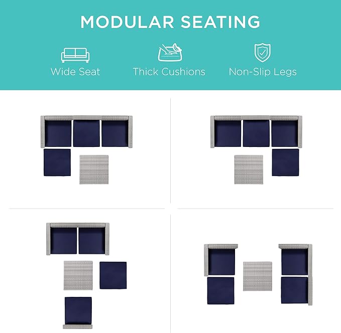 Best Choice Products 5-Piece Modular Conversation Set, Outdoor Sectional Wicker Furniture for Patio, Backyard, Garden w/ 3 Chairs, Ottoman Chair, 2 Pillows, 6 Seat Clips, Coffee Table - Gray/Navy