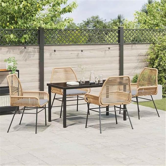 Afuera Living 5-Piece Poly Rattan Patio Dining Set, Black Tempered Glass Table, Cushioned Seats, Powder-Coated Steel Frame, UV-Resistant, Weatherproof Garden Furniture Set for Outdoor Entertainment