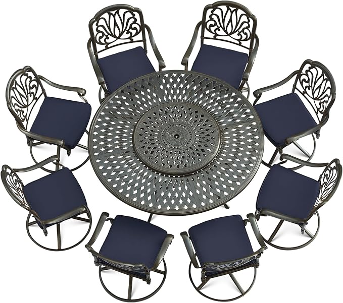 VIVIJASON 9-Piece Patio Dining Set, Rust-Free Cast Aluminum Outdoor Conversation Set, Includes 8 Swivel Dining Chairs & 61" Round Dining Table with 31" Lazy Susan, Umbrella Hole, Navy Blue