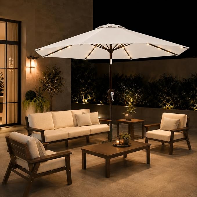 11FT Solar Patio Umbrella with Lights, Outdoor Table Market Umbrella with 32 LED Lights, 8 Sturdy Ribs, Smooth Crank Lift for Pool, Deck and Garden, UV-Resistant