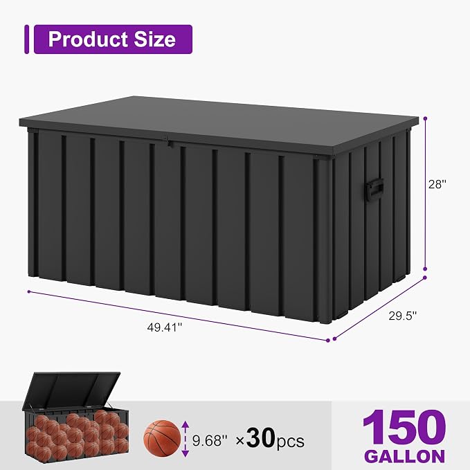PURPLE LEAF Outdoor Deck Box 150 Gallon Waterproof Lockable Storage Box Container with Lid Deck Organization for Patio Cushions Side Table Pool Accessories Garden Tools, Gray