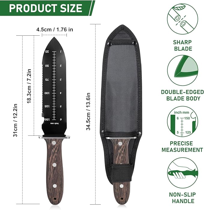 Hori Hori Garden Knife, Garden Tools with Sheath for Planting,Weeding,Digging, 7" Stainless Steel Soil Knife with Cutting Edge, Full Tang Wood Handle with Hanging Hole, Black