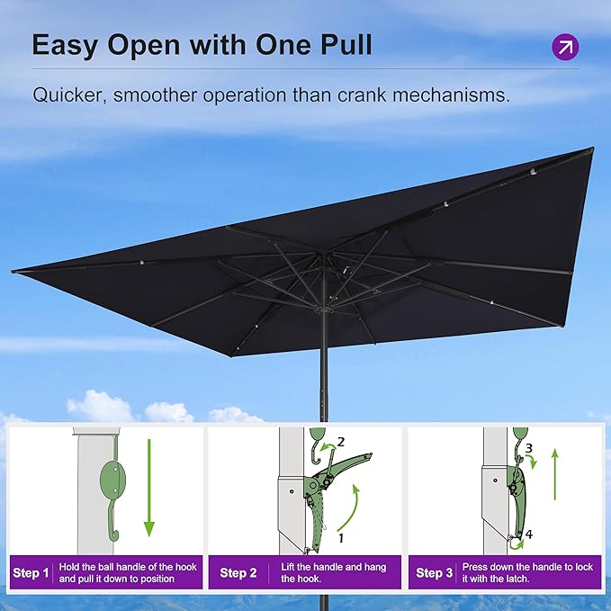 PURPLE LEAF 16' x 13' Rectangular Semi-Auto Outdoor Patio Umbrella Aluminium Market Umbrella Table Sun Umbrella with 3.15" Rod and 8 Sturdy Ribs for Deck Lawn Pool Garden, Navy Blue