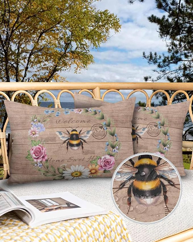 Outdoor Waterproof Throw Pillows Farmhouse Bee Flower Wreath Patio Pillows Pack of 2,Decorative Pillow Covers with Insert,Pillow Cushion Case for Garden Couch Sofa Farm Retro Wood Board