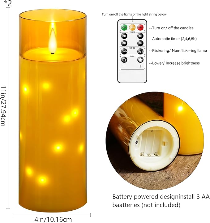 kakoya 11" x 4" Large Outdoor Waterproof Flameless LED Candles with Remote and Timer,Acrylic Pillar Candles Battery Operated with Embedded Star String for Porch,Patio,Outdoor Decor,Set of 2(Gold)