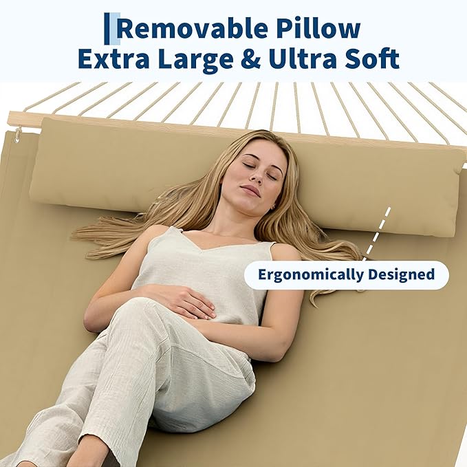 Garvee Double Quilted Fabric Hammock with Hardwood Spreader Bars and Pillow 450 LBS Capacity 2 Person Large Hammock for Outdoor Patio Backyard Poolside（Tan）